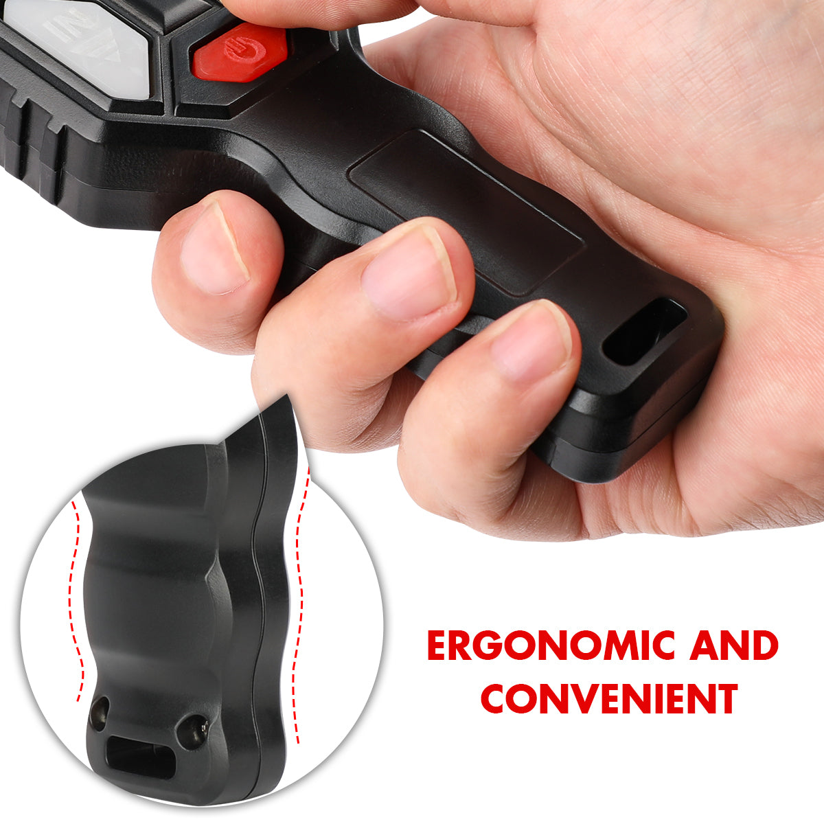 Hand holding a black tool with ergonomic design, close-up of handle, and text 'Ergonomic and Convenient'.