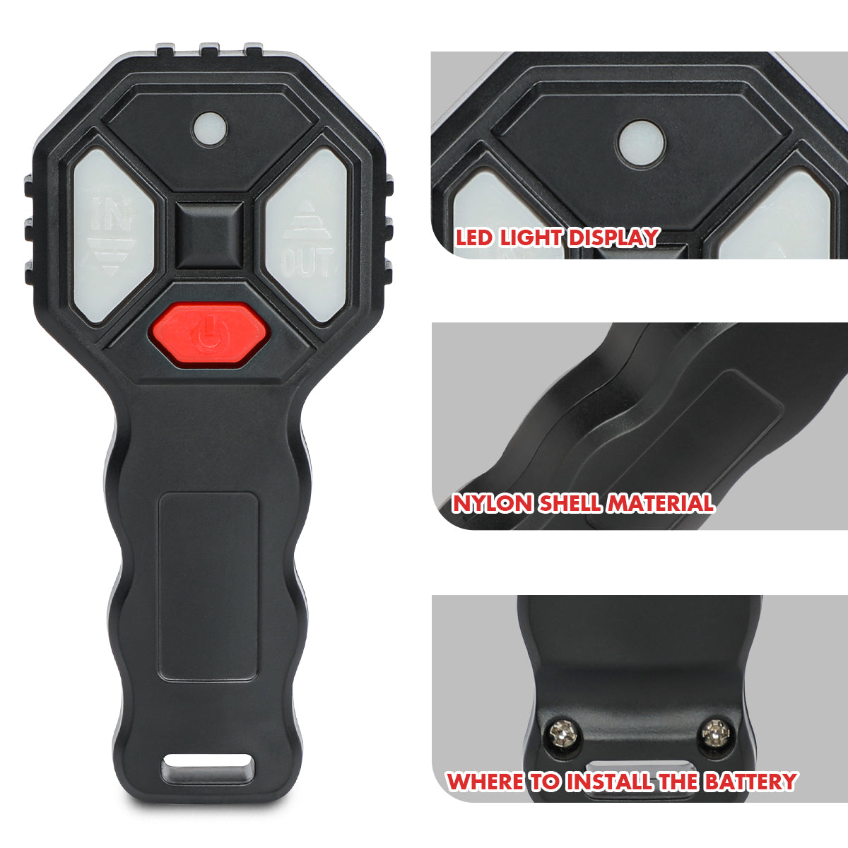 Black handheld device with LED light display and battery installation instructions on a white background