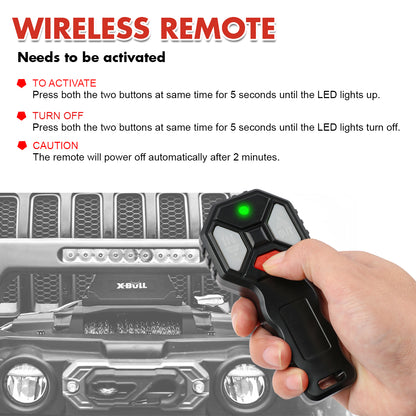 Hand holding a wireless remote control with activation instructions and a vehicle in the background.