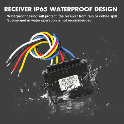 Waterproof electronic receiver with colored wires on a dark background