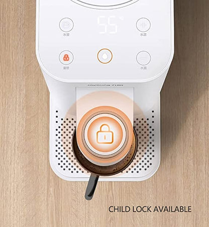 White electric coffee maker with a cup of coffee on a wooden surface, featuring a child lock icon.