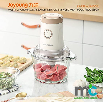 Joyoung food processor with minced meat on a kitchen counter, featuring the brand name and product model.