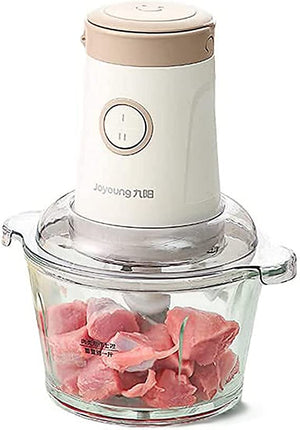 Joyoung meat grinder with pink meat inside on a white background