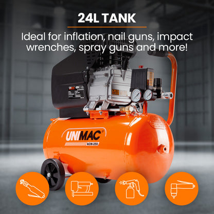 24L 2.0HP Air Compressor, Direct Drive, 2 Couplers for Airtools Tyre Inflation, Portable, Electric