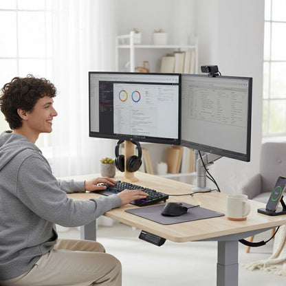 FORTIA Sit To Stand Standing Desk, 120x60cm, 72 - 118cm Electric Height Adjustable, Light Oak Style Desktop Silver Frame - Factory Direct Shop