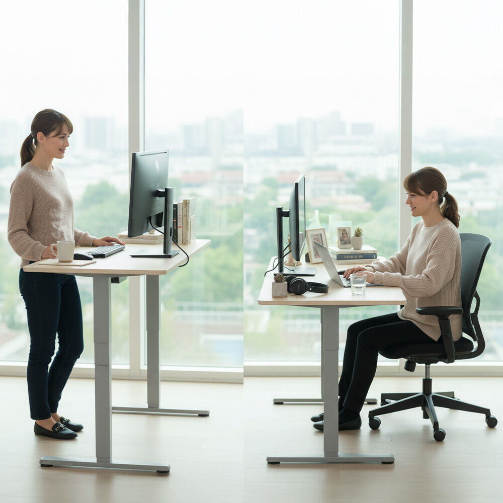FORTIA Sit To Stand Standing Desk, 120x60cm, 72 - 118cm Electric Height Adjustable, Light Oak Style Desktop Silver Frame - Factory Direct Shop