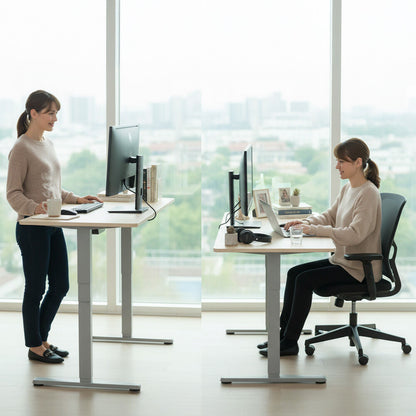 FORTIA Sit To Stand Standing Desk, 120x60cm, 72 - 118cm Electric Height Adjustable, Light Oak Style Desktop Silver Frame - Factory Direct Shop