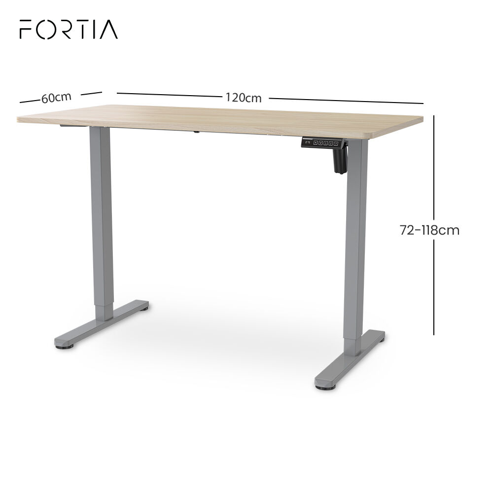 FORTIA Sit To Stand Standing Desk, 120x60cm, 72 - 118cm Electric Height Adjustable, Light Oak Style Desktop Silver Frame - Factory Direct Shop