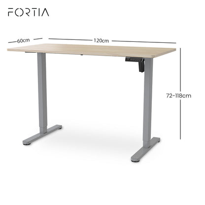 FORTIA Sit To Stand Standing Desk, 120x60cm, 72 - 118cm Electric Height Adjustable, Light Oak Style Desktop Silver Frame - Factory Direct Shop