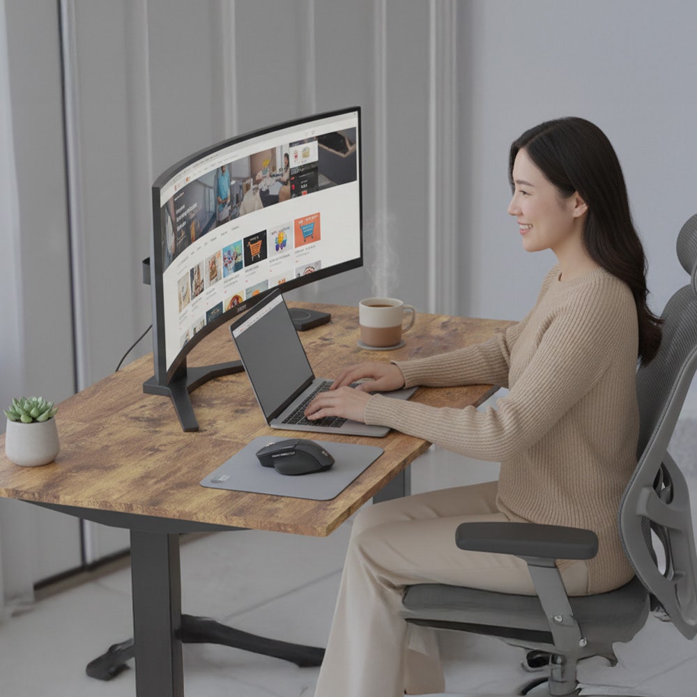 FORTIA Sit to Stand Standing Desk, 160x60cm, 72 - 118cm Electric Height Adjustable, Walnut Style Desktop/Black Frame - Factory Direct Shop