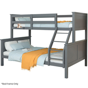 A triple bunk bed frame with a top double bed, middle single bed, and bottom double bed, all in grey color. The bed frame is made of wood and has a ladder on the left side.