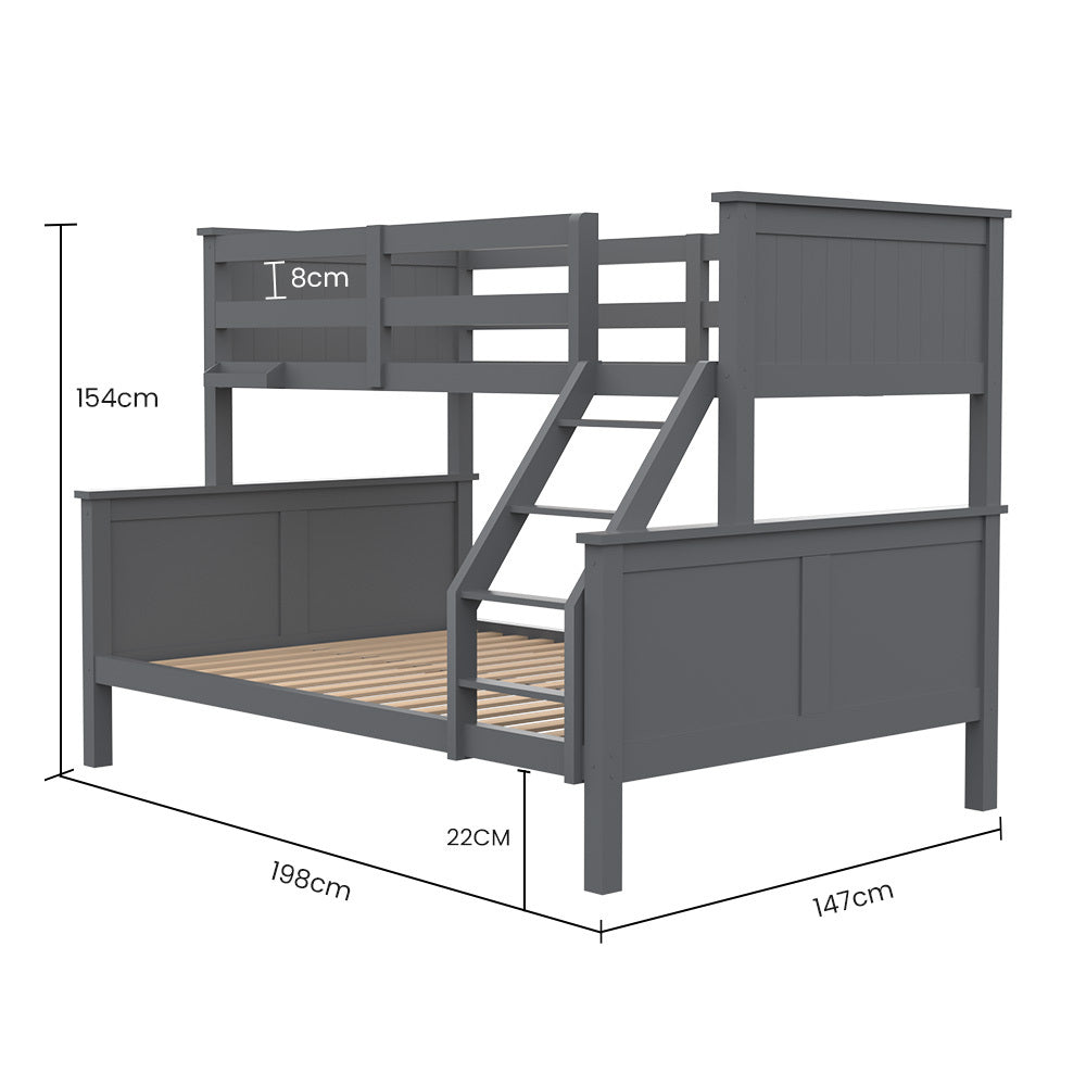 Gray bunk bed with dimensions marked on a white background