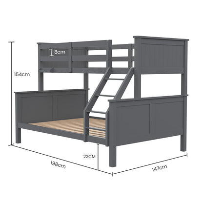 Gray bunk bed with dimensions marked on a white background