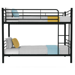 A matte dark grey metal bunk bed frame with a lower single bed and an upper single bed, featuring a ladder on the left side. The image shows the bed with multicolored pillows on the lower bed and a white mattress cover on the upper bed.
