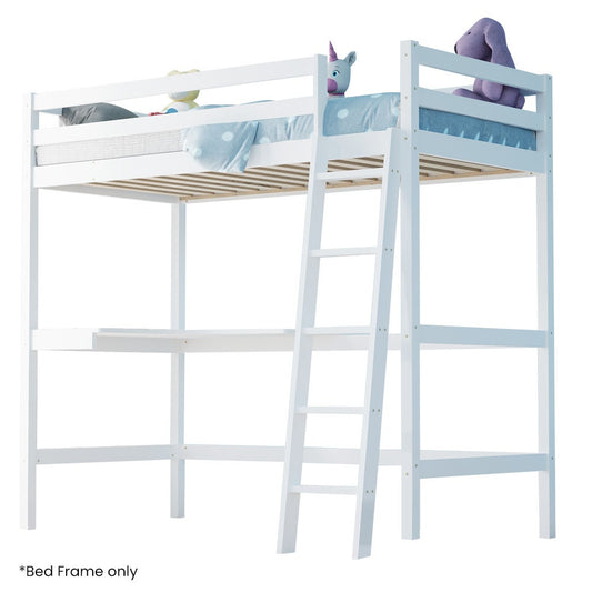 White loft bed with ladder and mattress on a white background