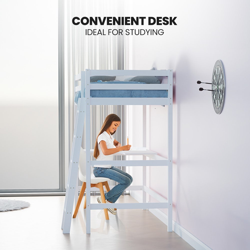 Person using a loft bed with a desk attached, ideal for studying.