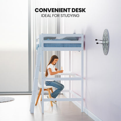 Person using a loft bed with a desk attached, ideal for studying.