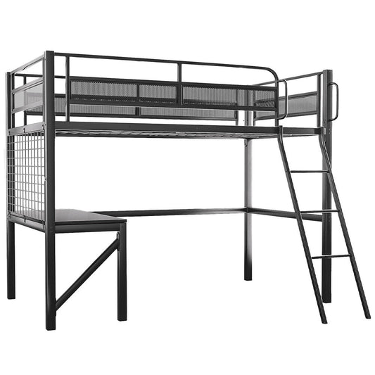 Black metal loft bed with desk on a white background