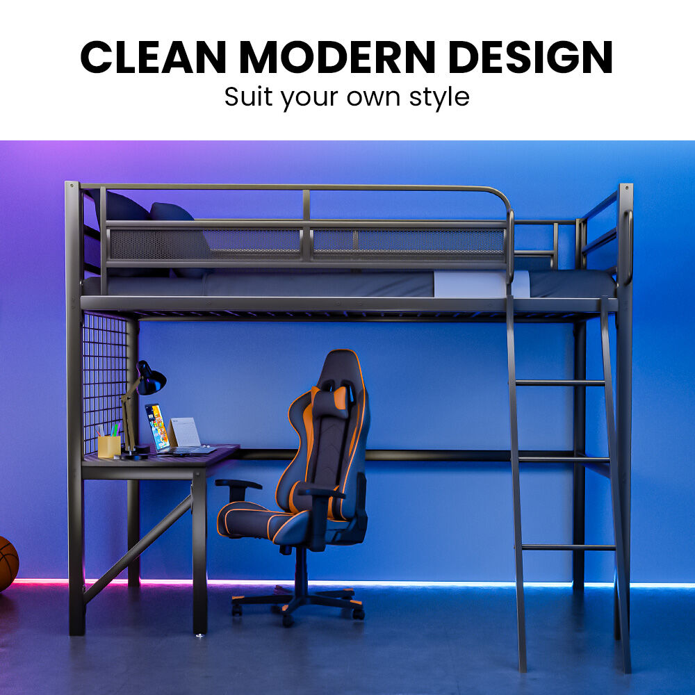 Bunk bed with desk and chair against a blue background