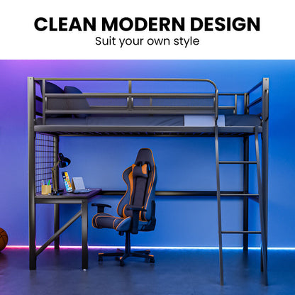 Bunk bed with desk and chair against a blue background