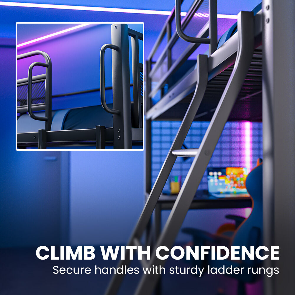 Metal staircase with secure handles and sturdy ladder rungs, set against a modern interior background.