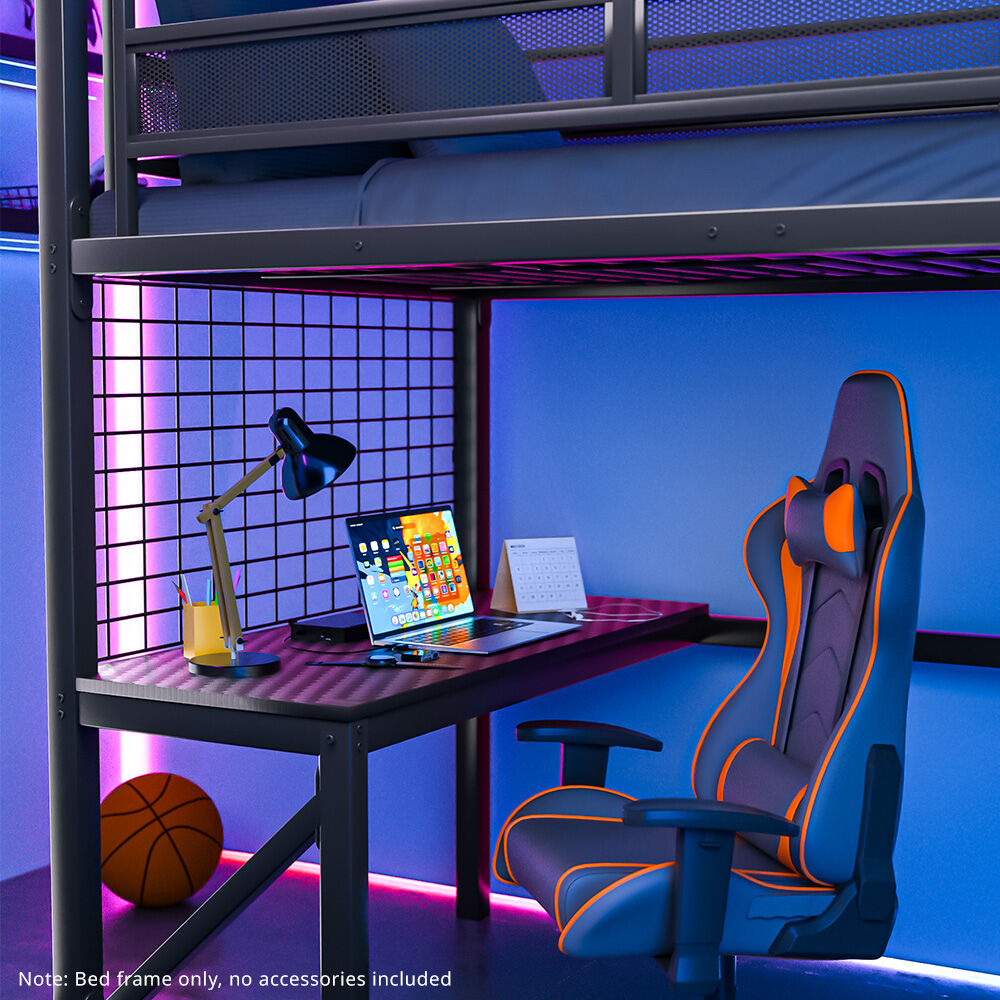 Bunk bed with desk, chair, and laptop in a room with blue lighting