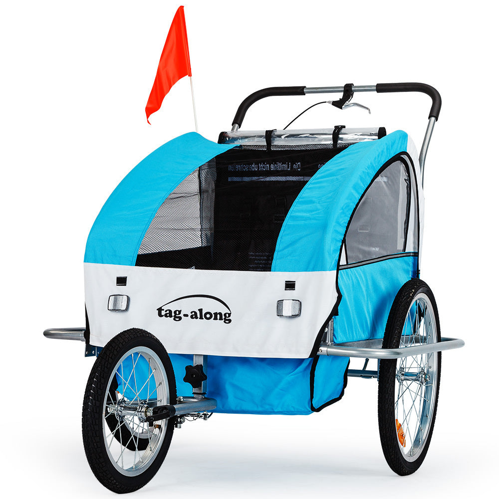 Blue and white bicycle trailer with a red flag on a white background