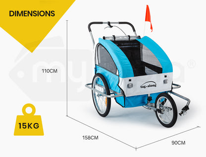 Blue and white bicycle trailer with dimensions and weight displayed on a white background