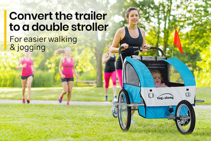 Woman pushing a blue and white bicycle trailer with a child inside, with text indicating it can be converted to a double stroller.