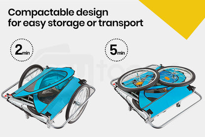 Compactable bike trailer with wheels for easy storage or transport on a white background