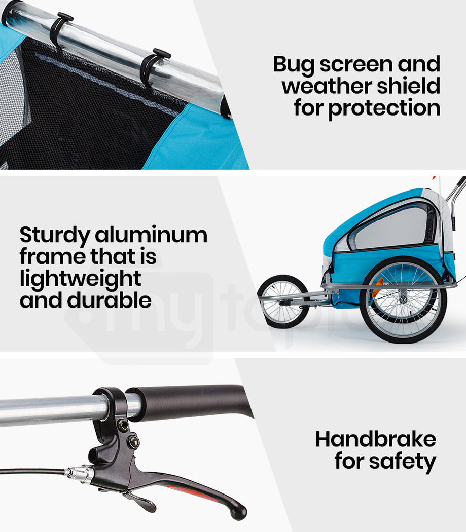 Bicycle trailer with bug screen, weather shield, sturdy aluminum frame, and handbrake on a white background.