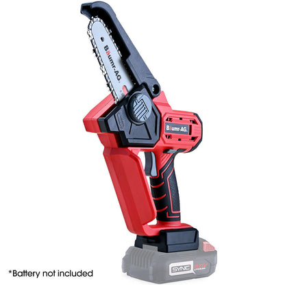 A red and black Baumr-AG SW1 cordless mini chainsaw without a battery, featuring a soft-grip handle and a bar length of 5 inches.