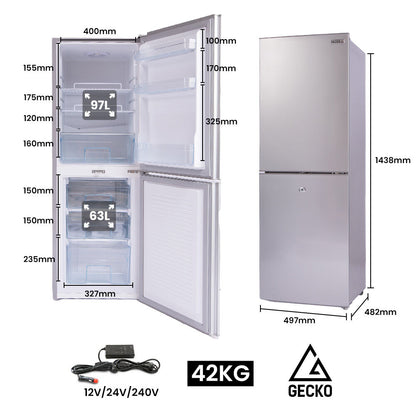GECKO 160L Upright Portable Fridge Freezer 12V/24V/240V-Silver