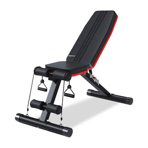 Black and red adjustable weight bench on a white background