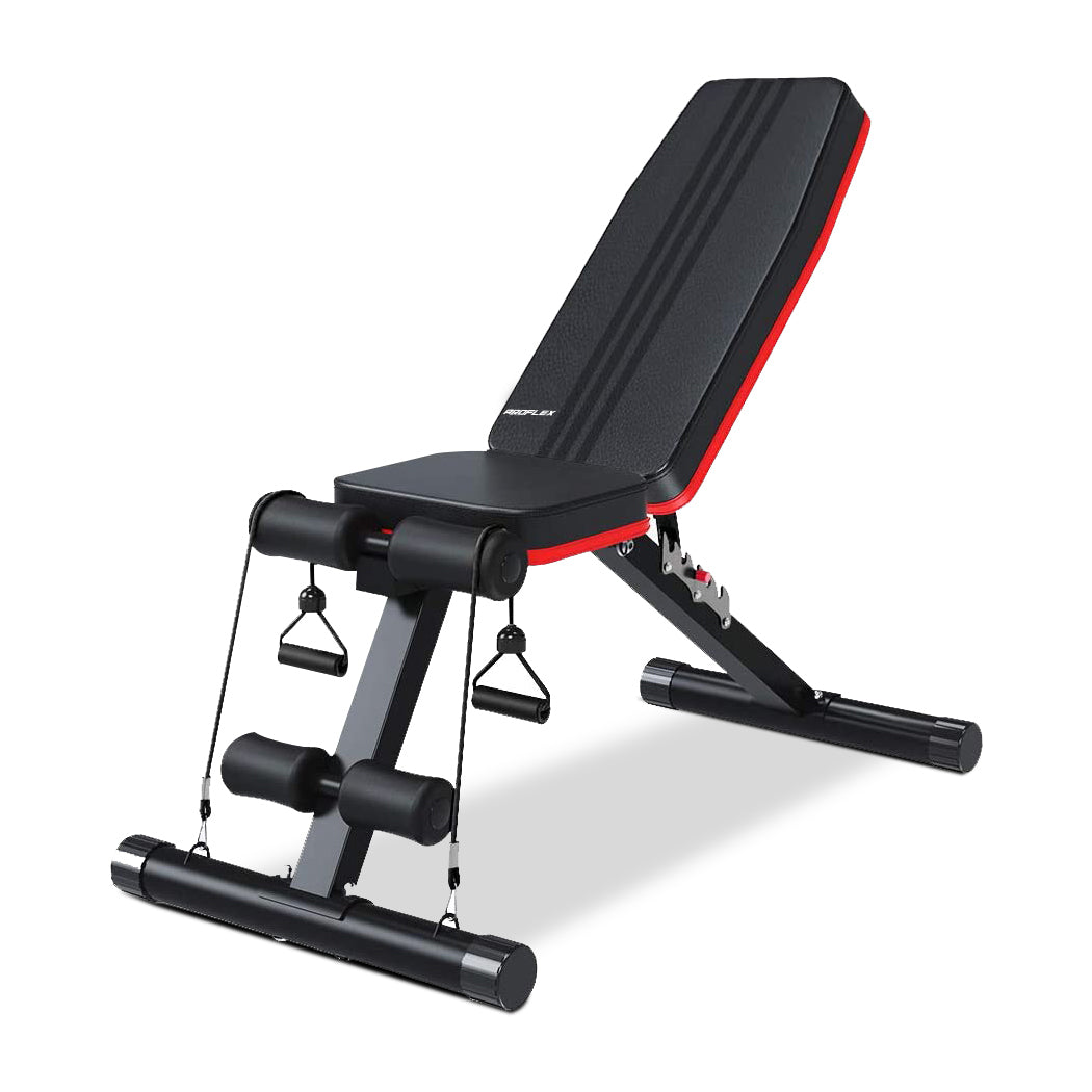 Black and red adjustable weight bench on a white background