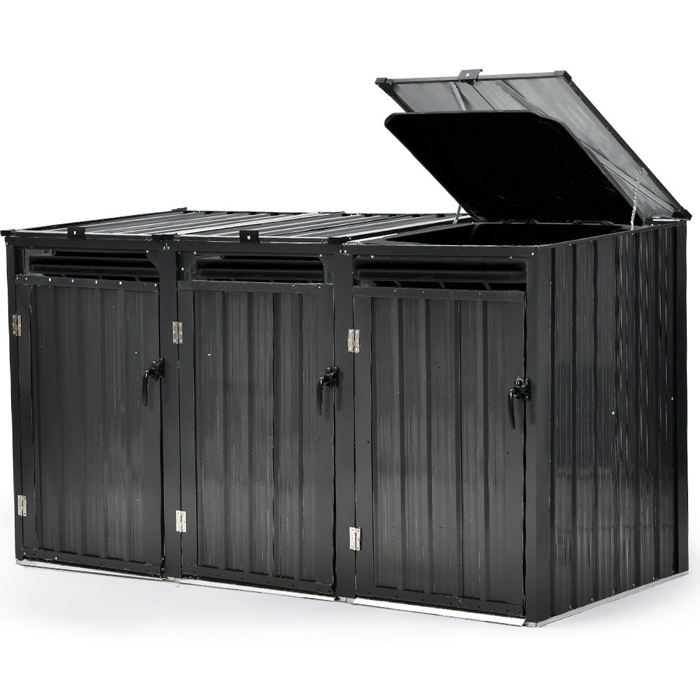 Triple Steel Wheelie Garbage Bin Storage Shed, Enclosure with 3 Opening Doors