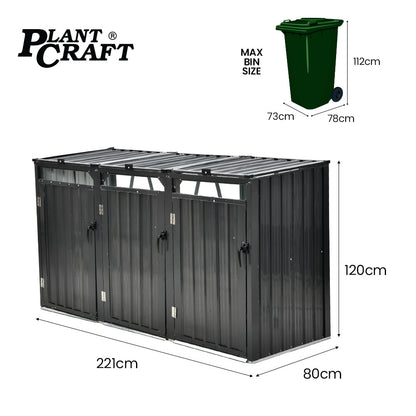 Triple Steel Wheelie Garbage Bin Storage Shed, Enclosure with 3 Opening Doors