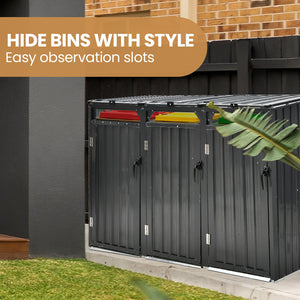 Triple Steel Wheelie Garbage Bin Storage Shed, Enclosure with 3 Opening Doors