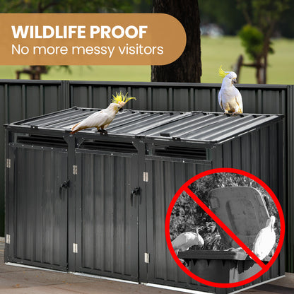 Triple Steel Wheelie Garbage Bin Storage Shed, Enclosure with 3 Opening Doors