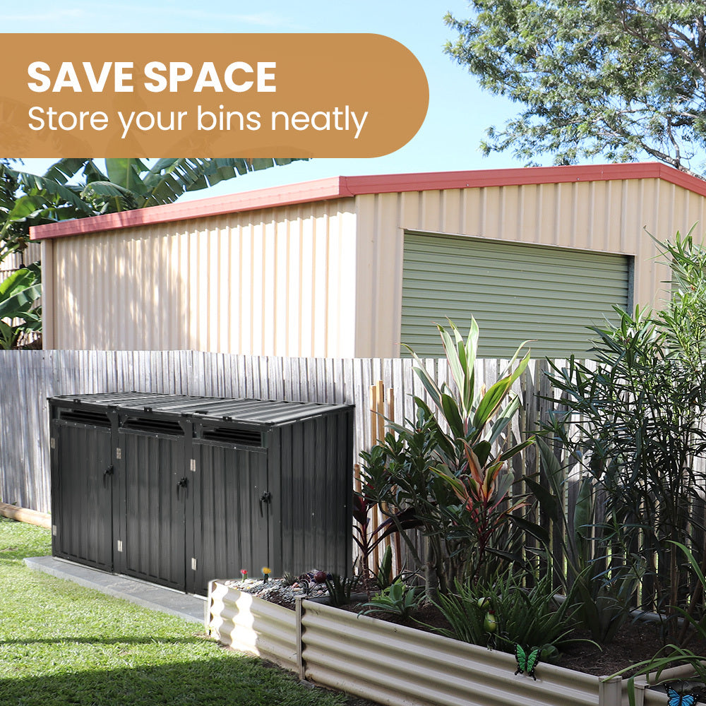 Triple Steel Wheelie Garbage Bin Storage Shed, Enclosure with 3 Opening Doors
