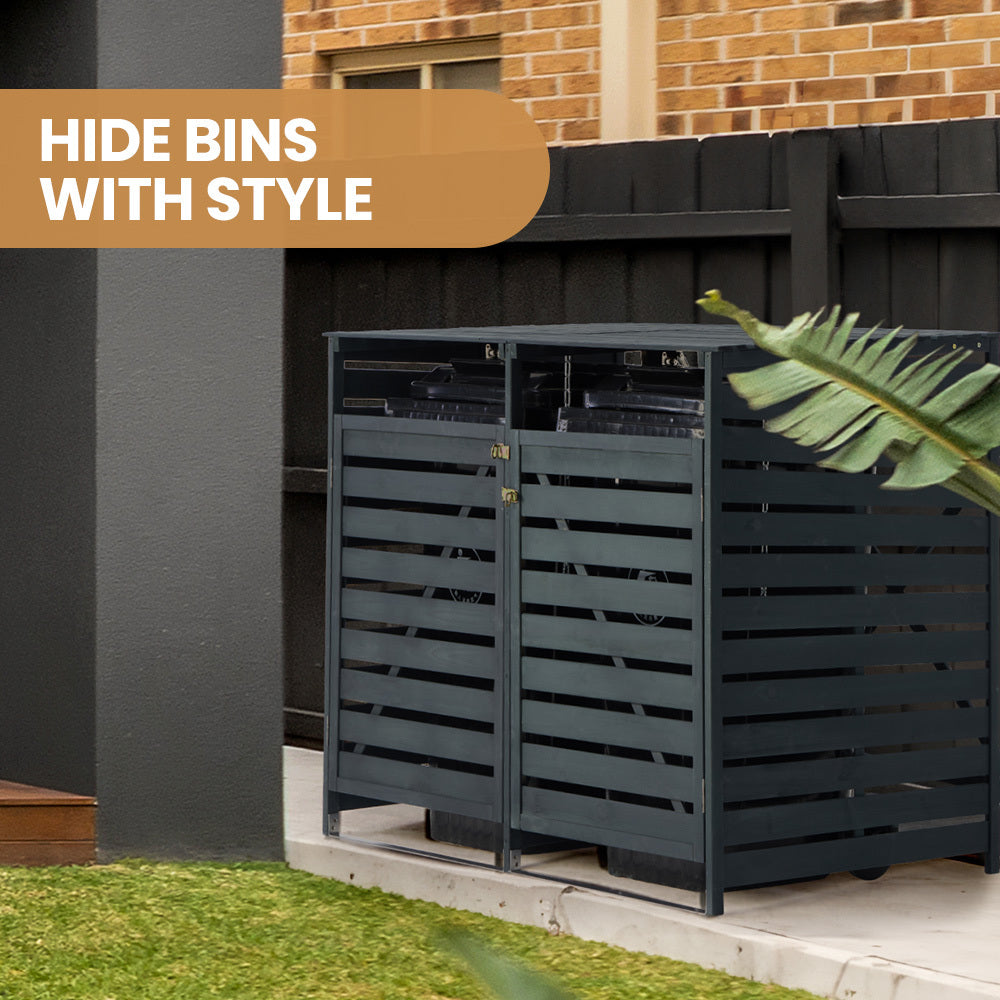 PlantCraft Double Wood Wheelie Bins Storage Shed, 2 Door Garbage Rubbish Bin Enclosure