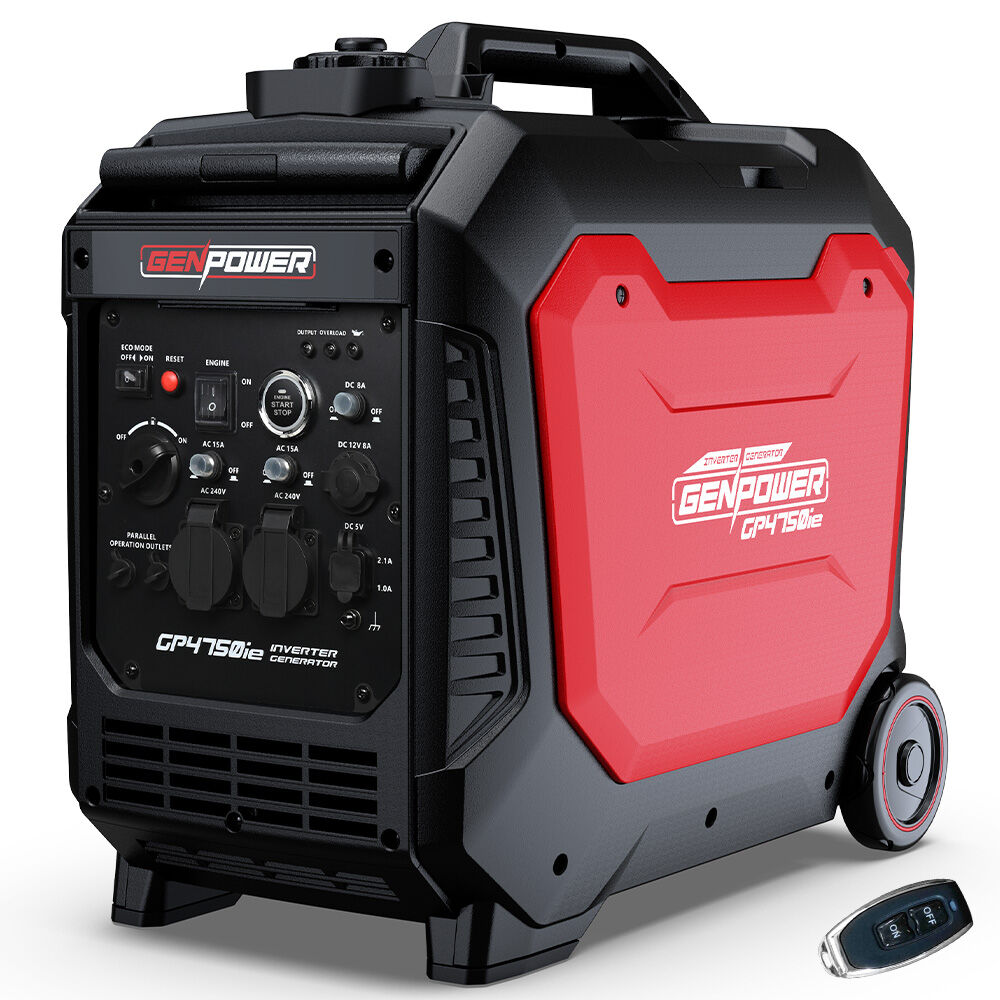 Black and red portable generator with control panel on a white background