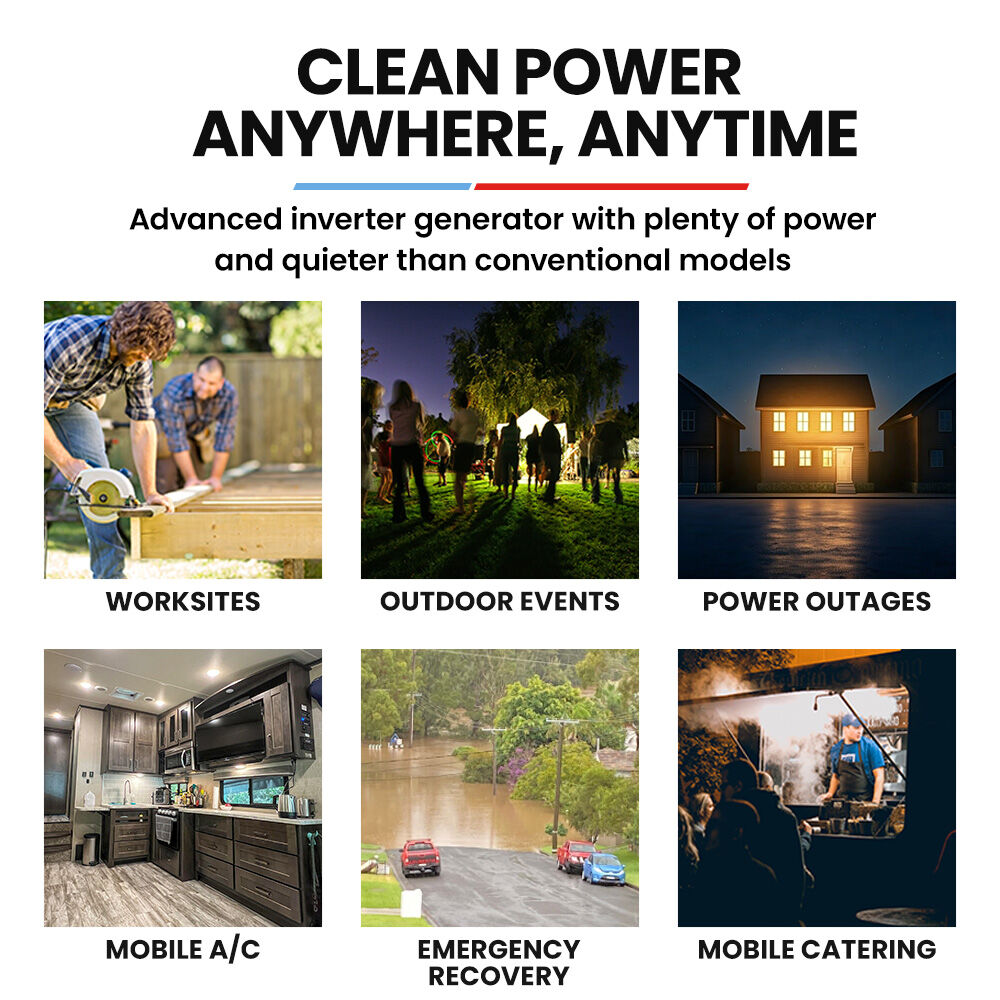 Advertisement for an advanced inverter generator with scenarios including worksites, outdoor events, power outages, mobile A/C, emergency recovery, and mobile catering.