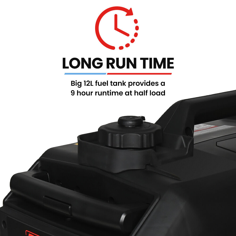 Fuel tank of a power tool with text highlighting long run time and fuel capacity.