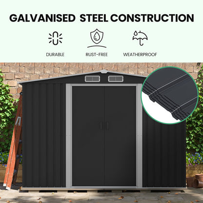 PlantCraft Galvanised Steel Garden Shed 2.58 x 3.13 x 2.02m, with 2 Sliding Doors, 4 Air Vents, Gable Roof, Floor Frame