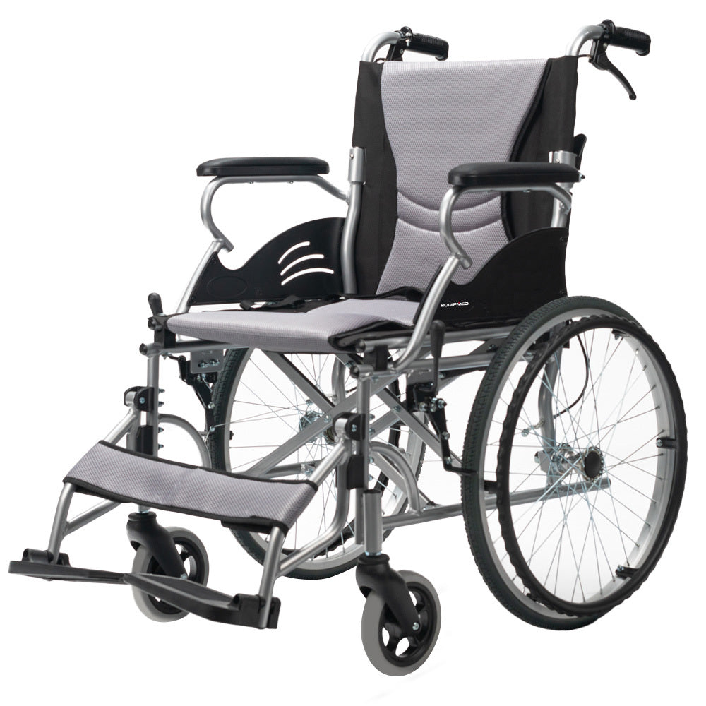 EQUIPMED Folding Aluminium Wheelchair, 20" Wheels, Park Brakes, 100kg Capacity, Grey/Black
