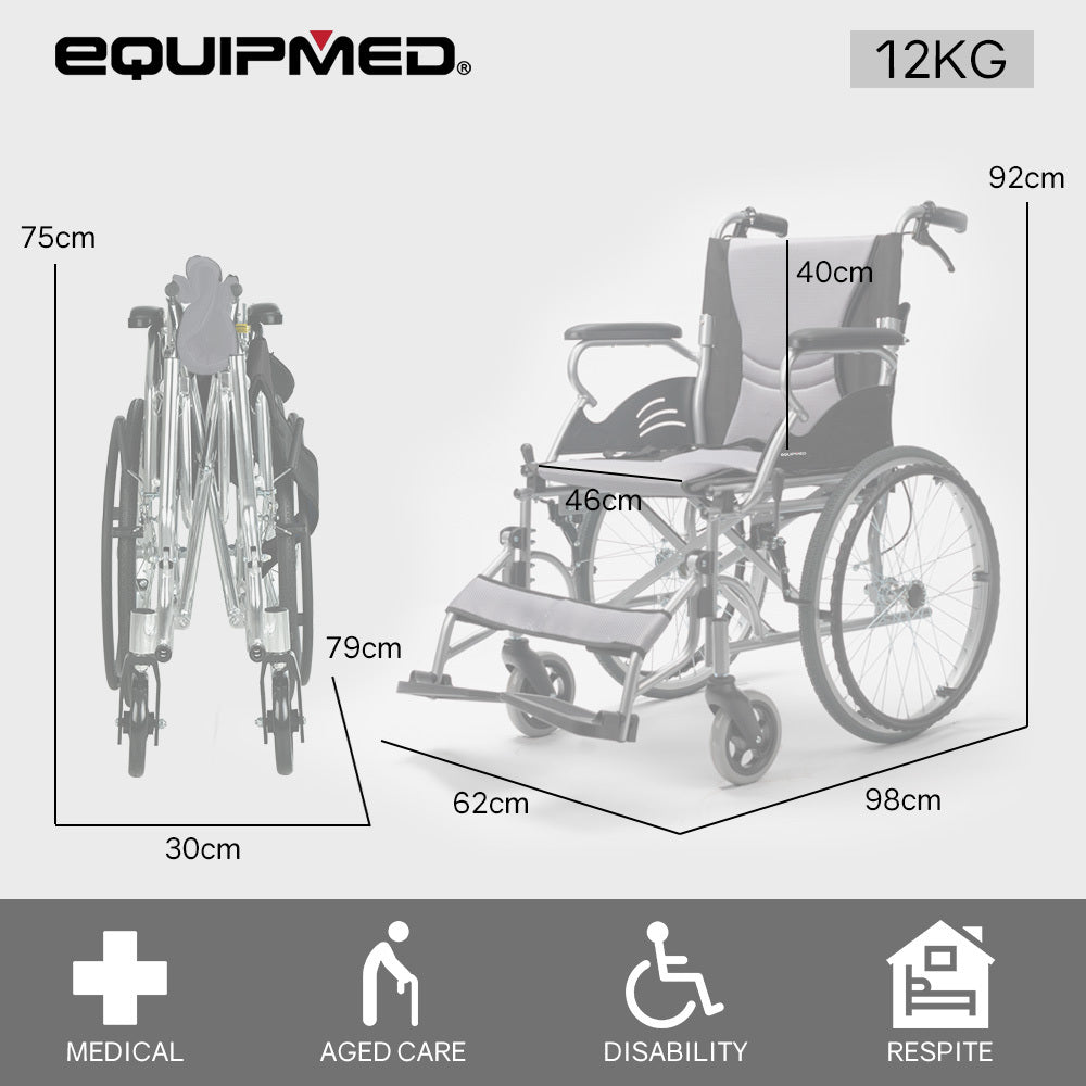 EQUIPMED Folding Aluminium Wheelchair, 20" Wheels, Park Brakes, 100kg Capacity, Grey/Black