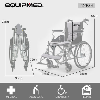 EQUIPMED Folding Aluminium Wheelchair, 20" Wheels, Park Brakes, 100kg Capacity, Grey/Black