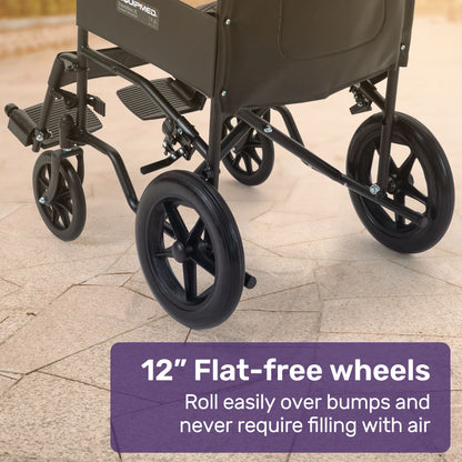 EQUIPMED Folding Transit Manual Wheelchair, Attendant Propelled, Steel Frame, Wide Seat, Comfortable for S-XL, 114kg Capacity, Park Brakes, Transport