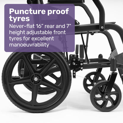 Equipmed Folding Transit Wheelchair, Lightweight Aluminium for Easy Transport, Grey